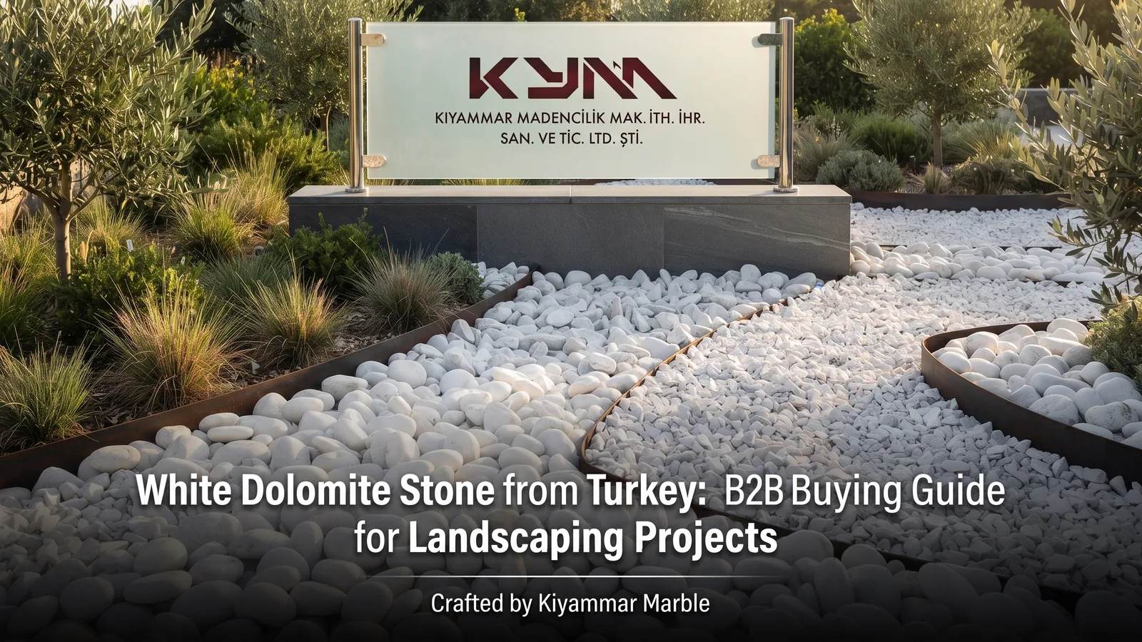 White dolomite stone application in a modern landscape project with poolside and garden ground cover