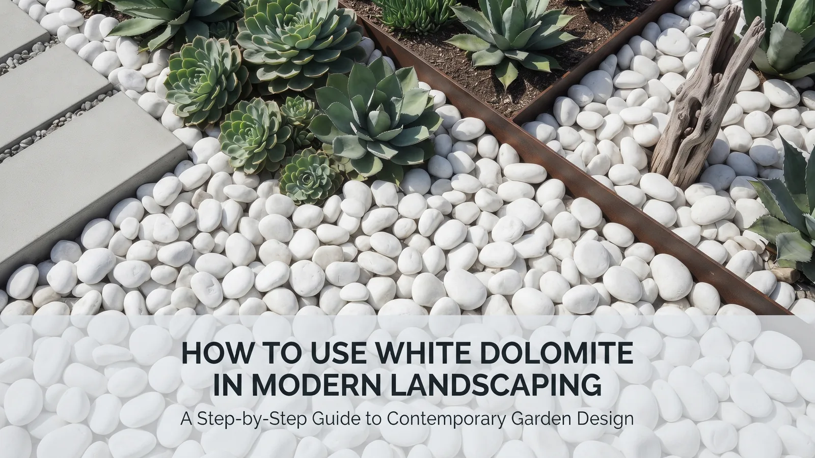 White dolomite tumbled pebbles used in a modern garden landscape