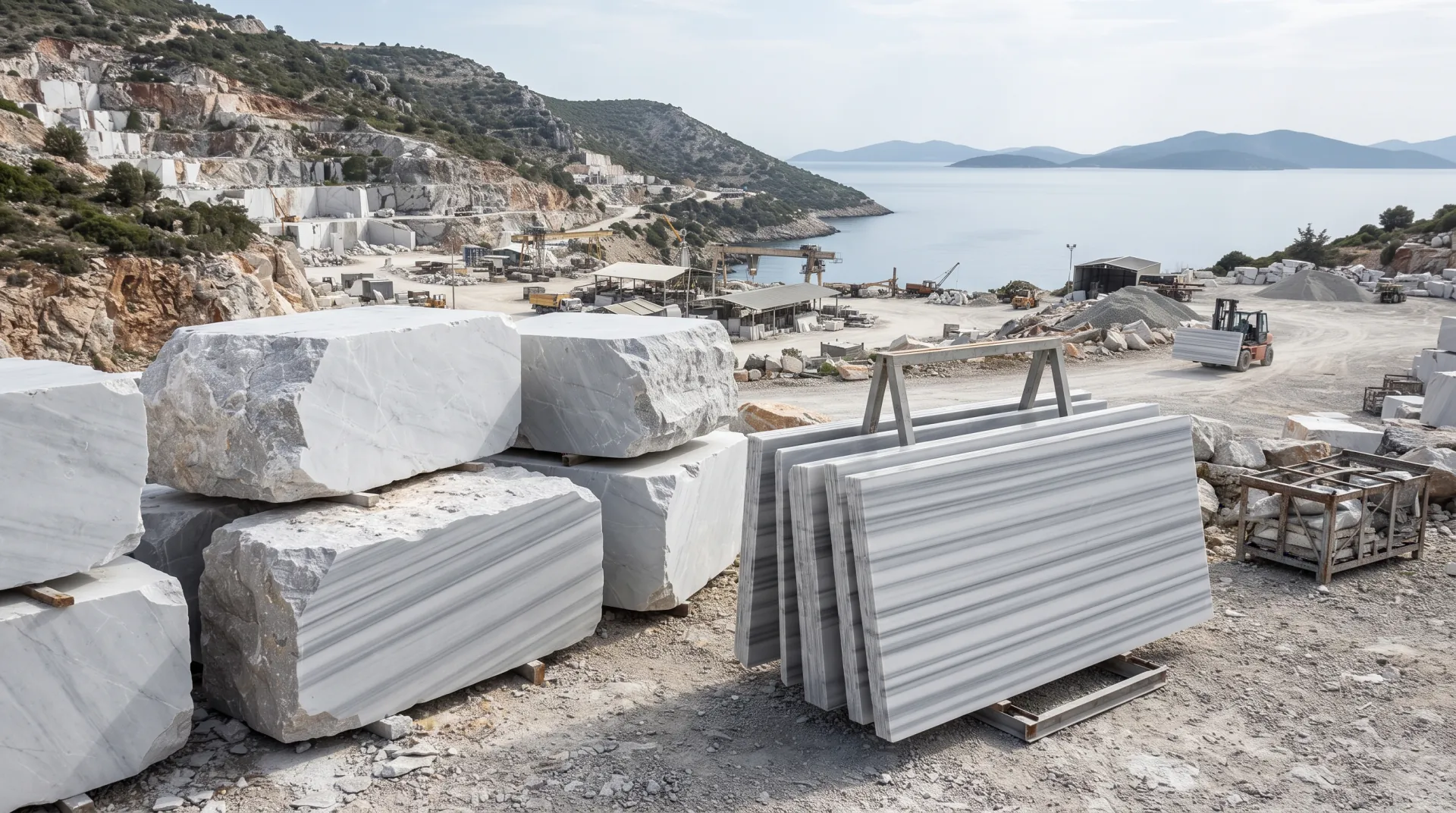 Marmara marble with grey linear veining shown with natural stone blocks and slabs