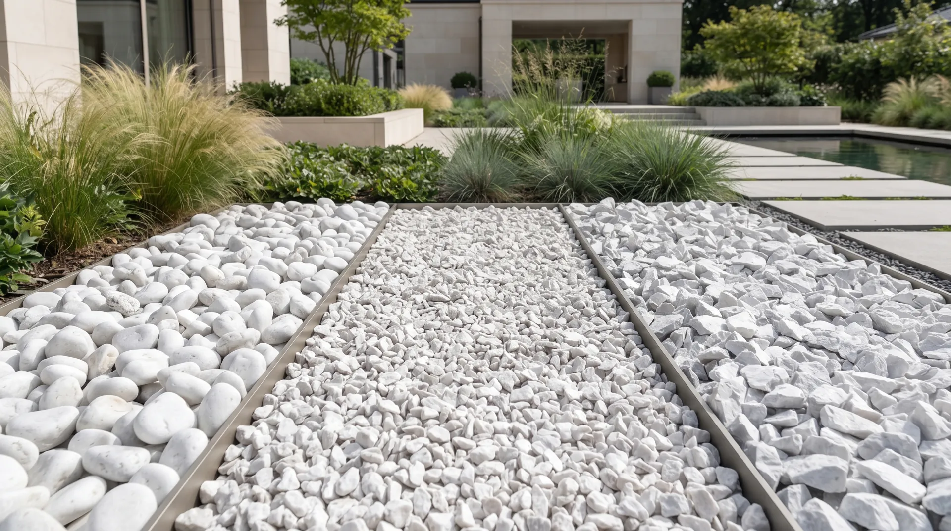 White dolomite gravel, rounded pebbles and crushed stone compared for landscaping applications
