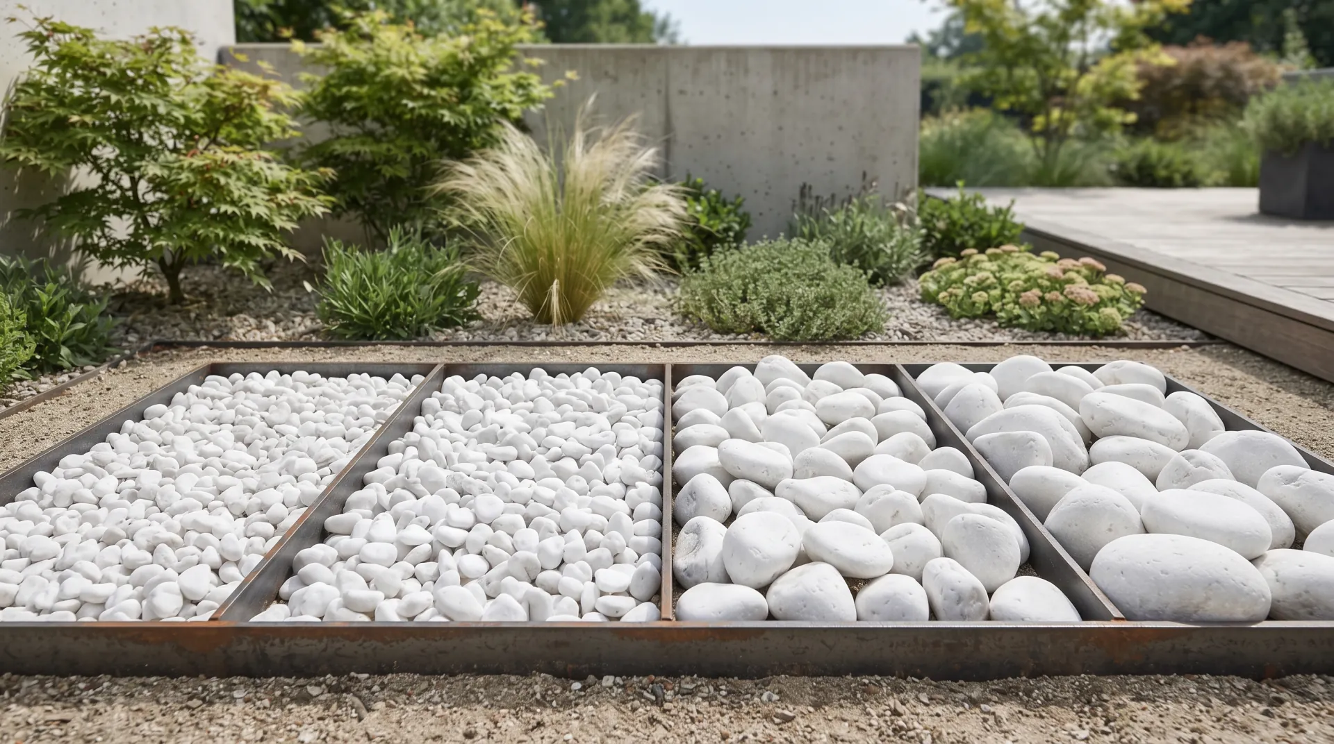 Different sizes of white dolomite tumbled pebbles compared for landscaping applications