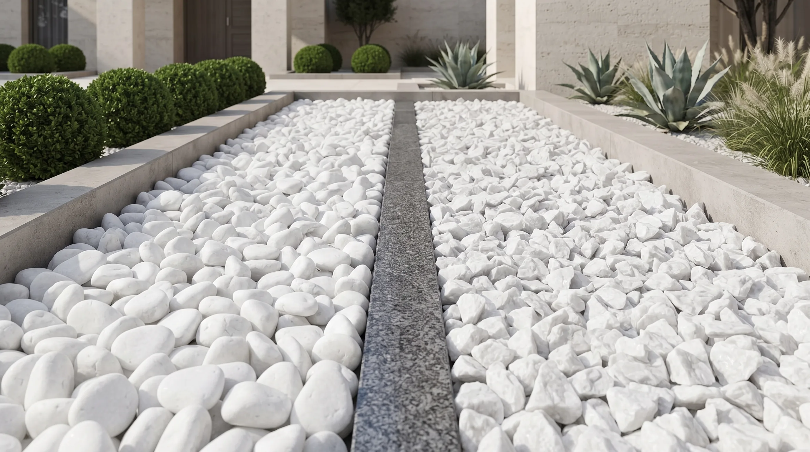 White dolomite pebbles and white marble chips compared in a modern landscaping application