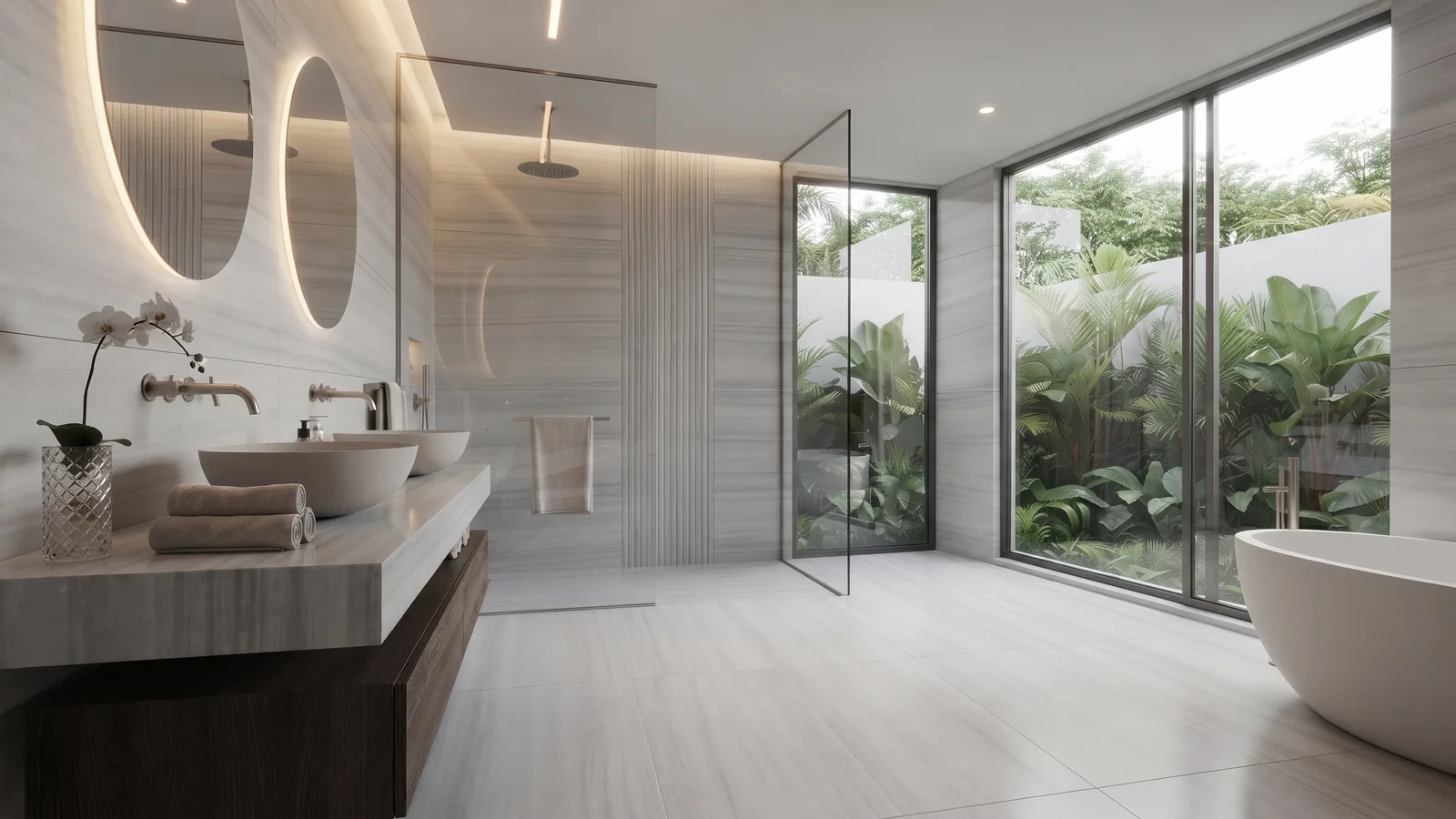Bathroom marble application with Marmara marble walls, vanity surfaces, and wet-area details