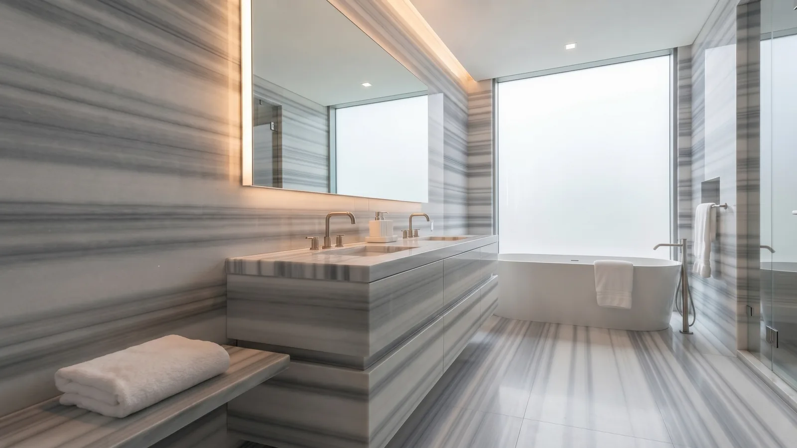 Bathroom wall and wet area application with Marmara Equator marble slabs, also known as Marmara Pijama or Striato Olimpico
