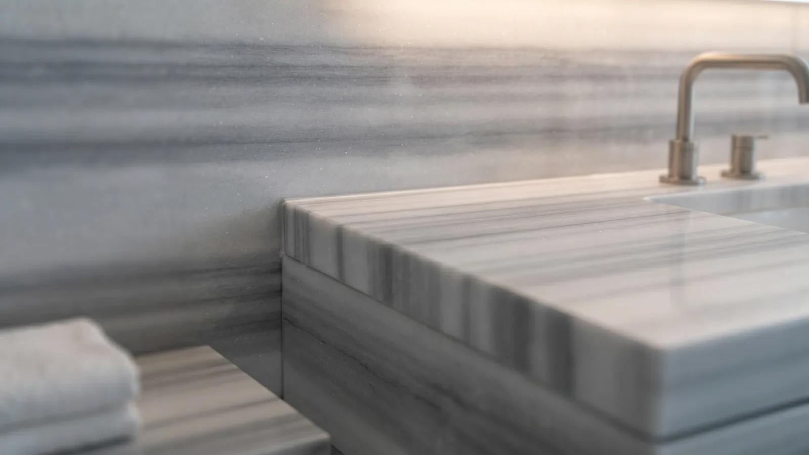 Bathroom wall and wet area application with Marmara Equator marble slabs, also known as Marmara Pijama or Striato Olimpico