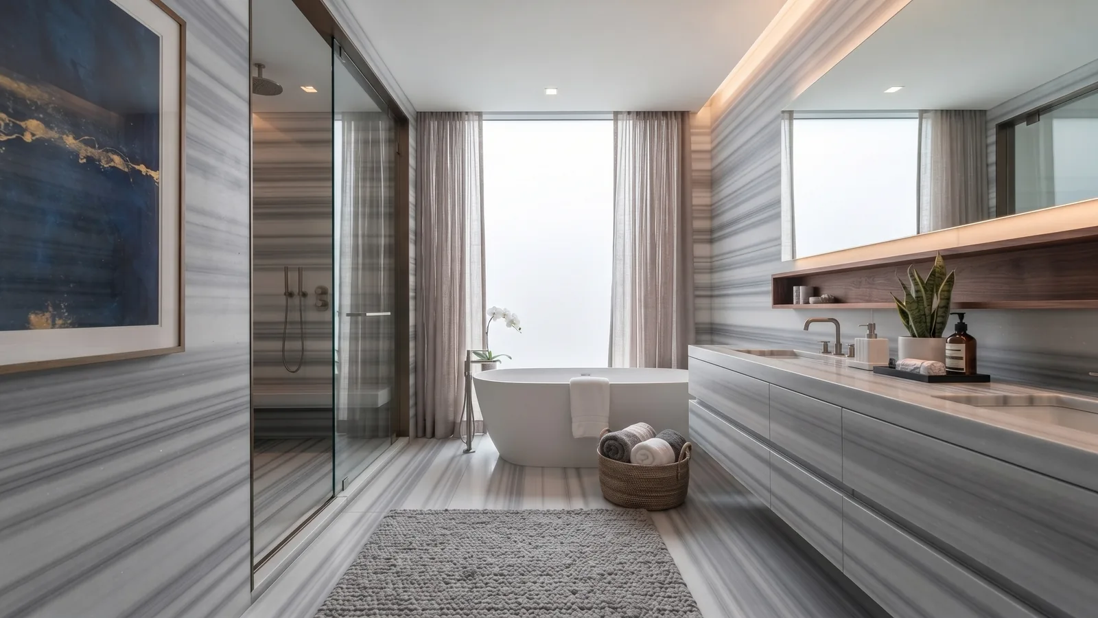 Bathroom wall and wet area application with Marmara Equator marble slabs, also known as Marmara Pijama or Striato Olimpico