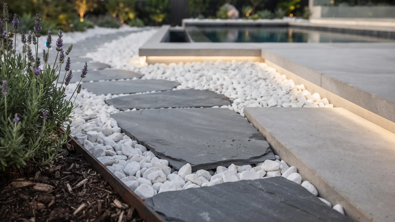 Decorative ground cover application with premium white dolomite crushed stone around planter beds