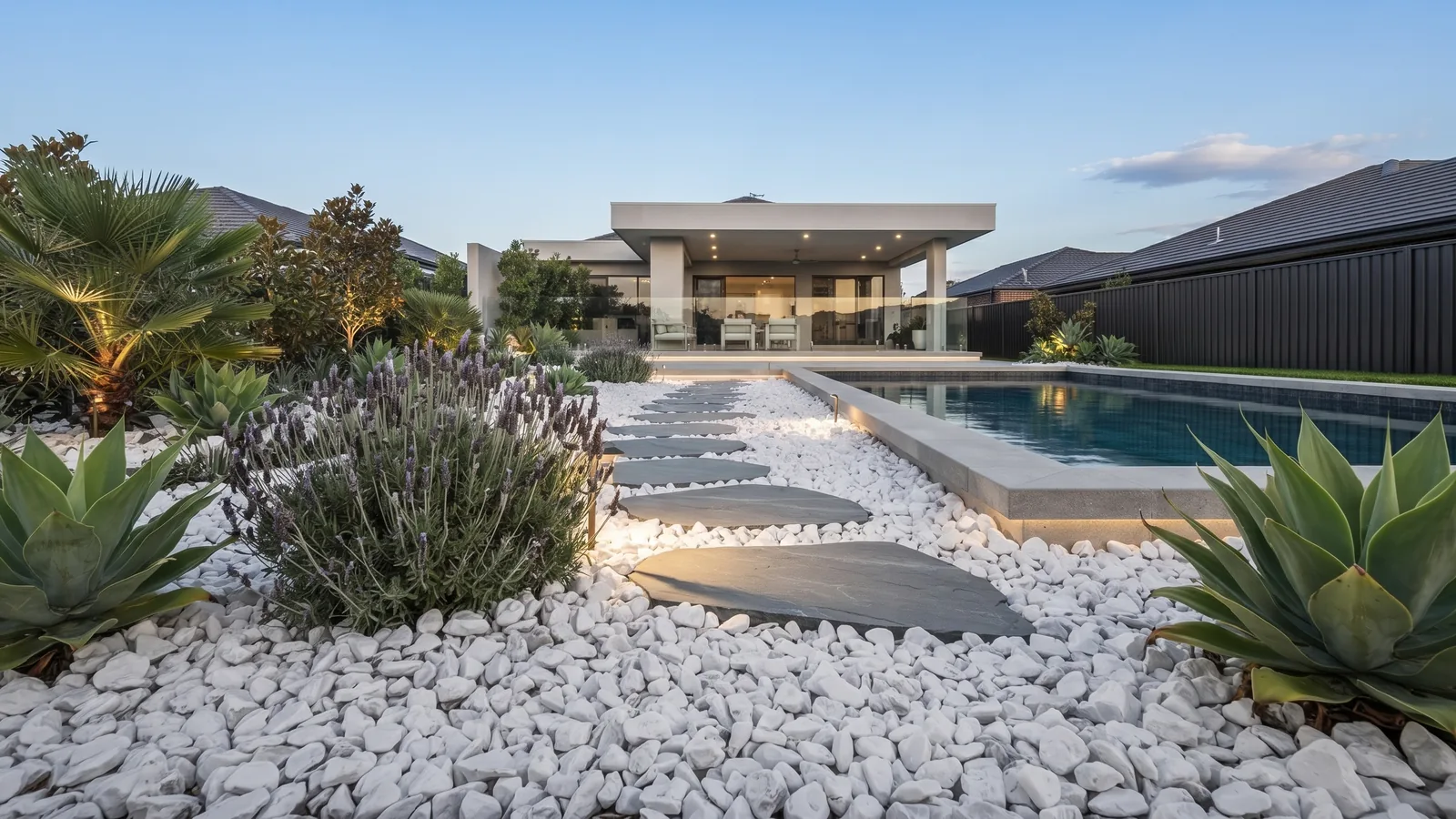 Decorative ground cover application with premium white dolomite crushed stone around planter beds