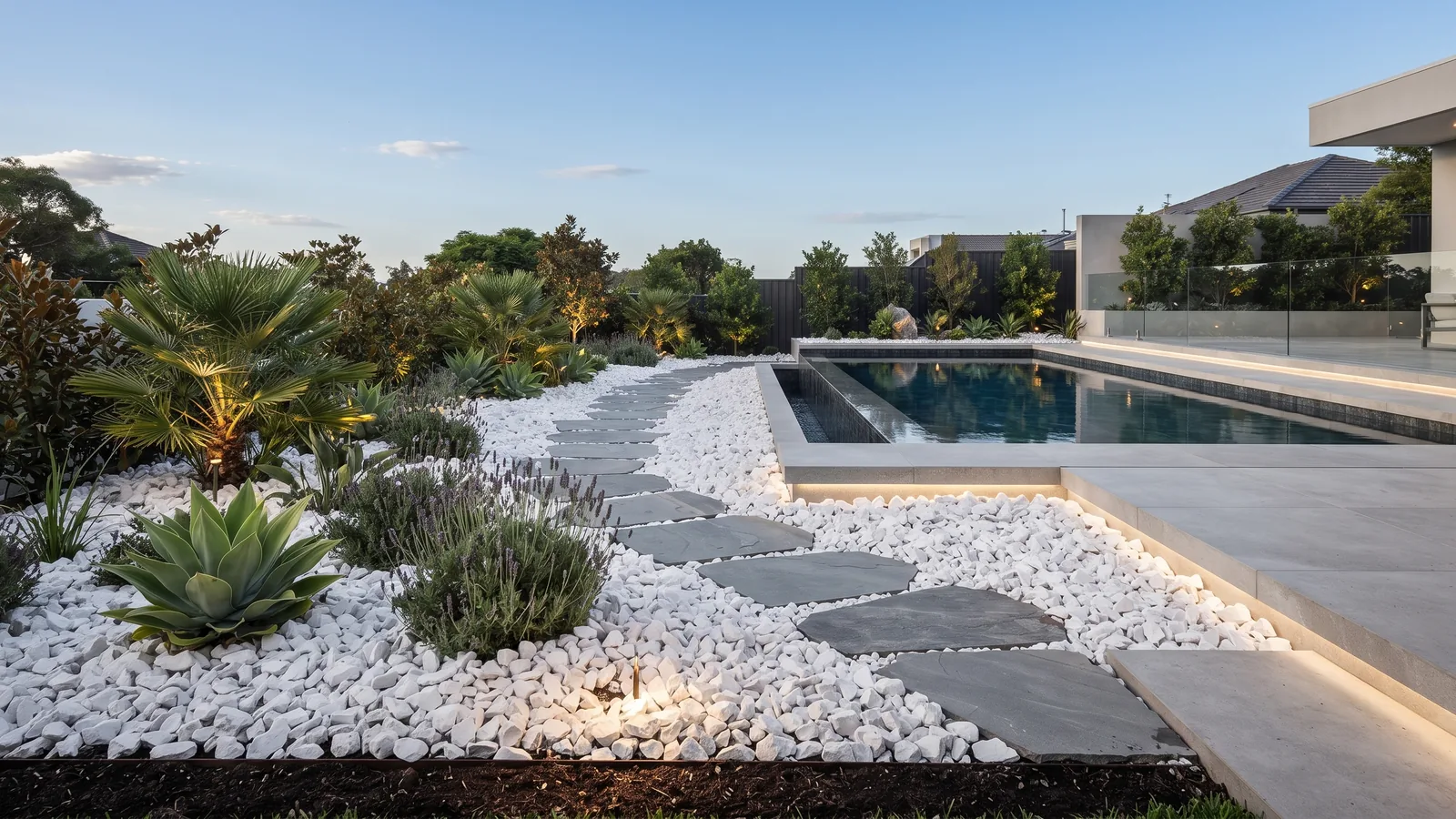 Decorative ground cover application with premium white dolomite crushed stone around planter beds