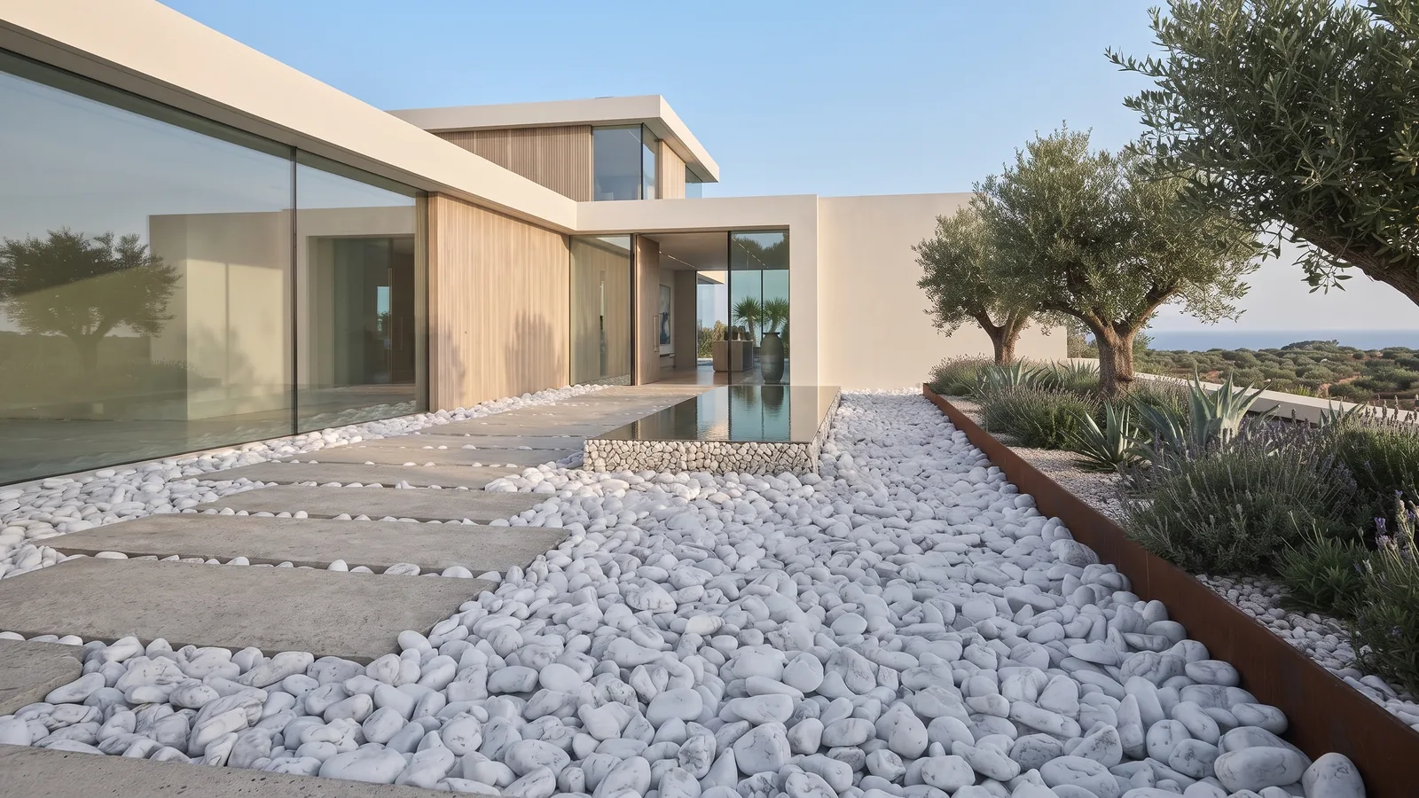 Modern villa garden path application with white dolomite tumbled pebble stones and stepping stones