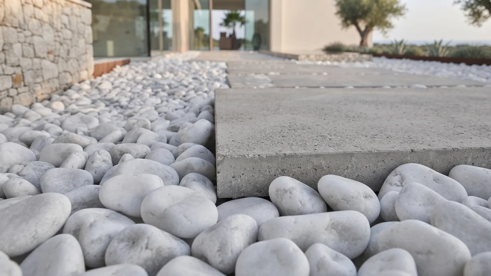 Modern villa garden path application with white dolomite tumbled pebble stones and stepping stones