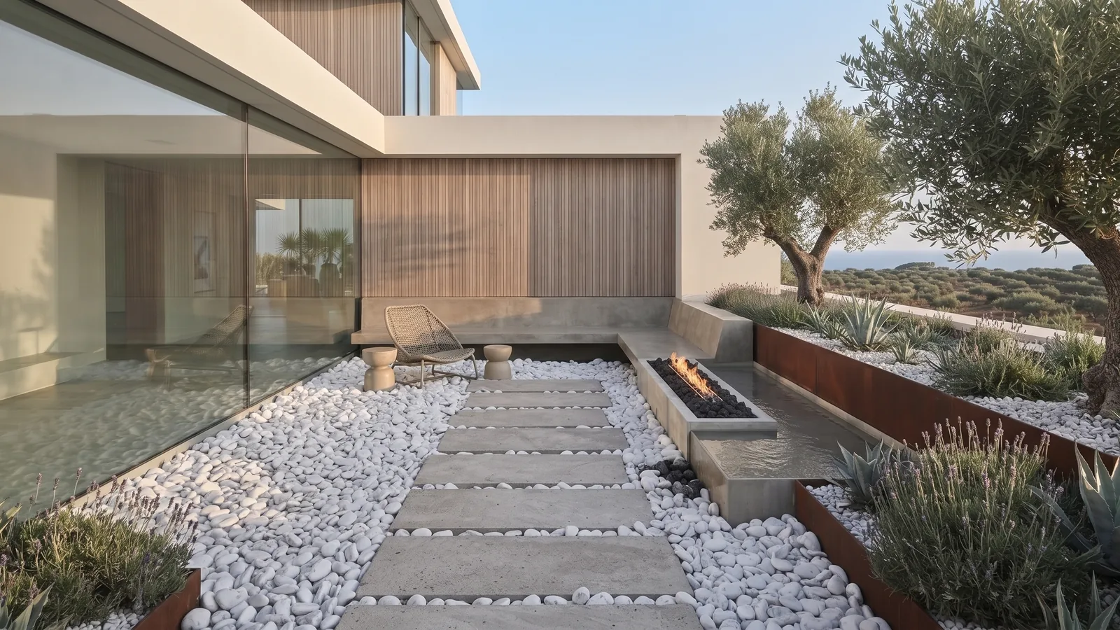 Modern villa garden path application with white dolomite tumbled pebble stones and stepping stones