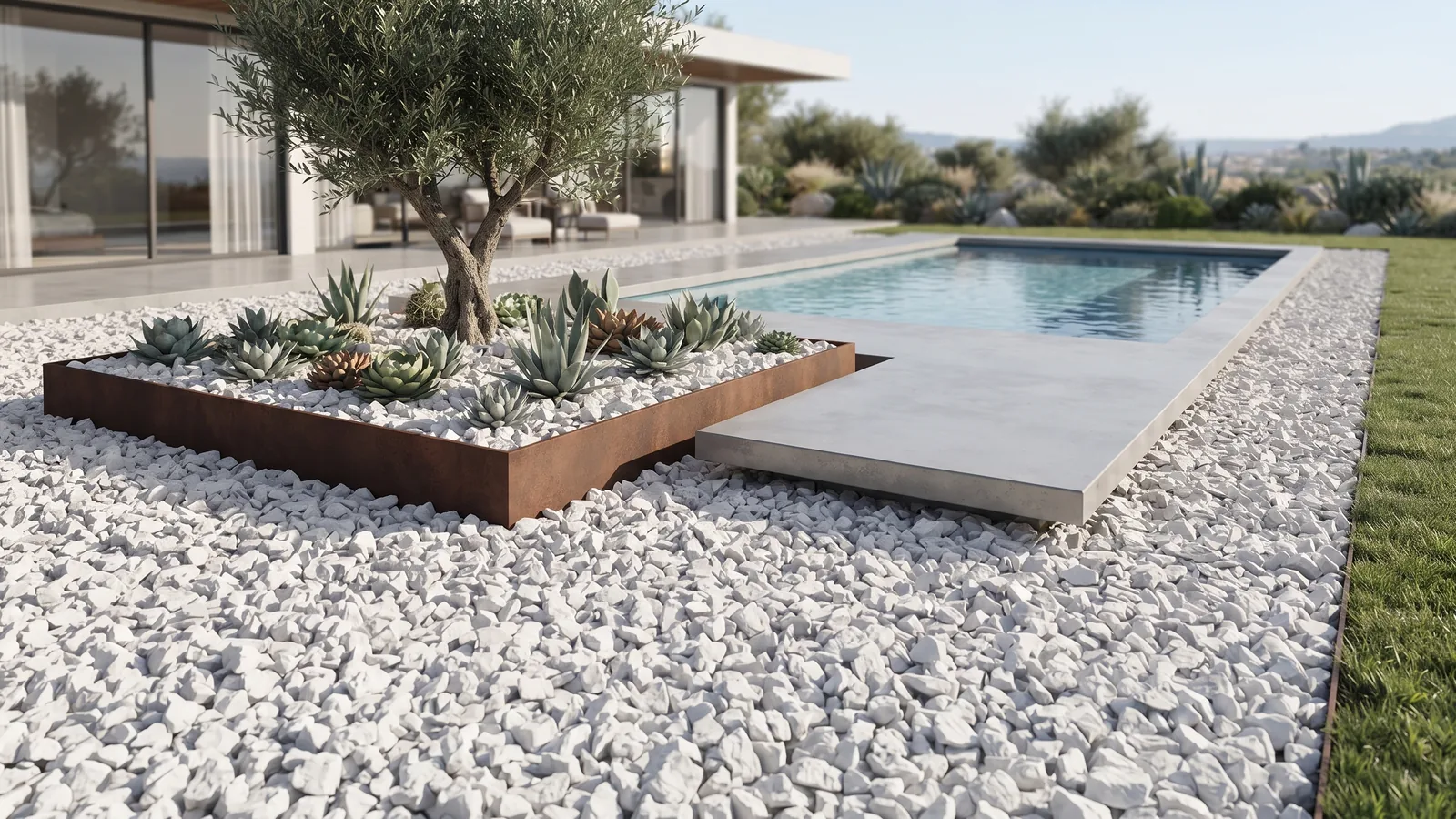 Premium white dolomite crushed stone used in a modern poolside landscape application