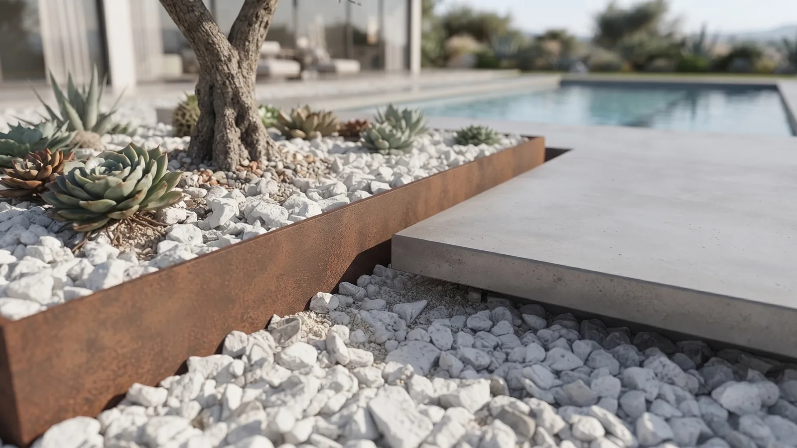 Premium white dolomite crushed stone used in a modern poolside landscape application