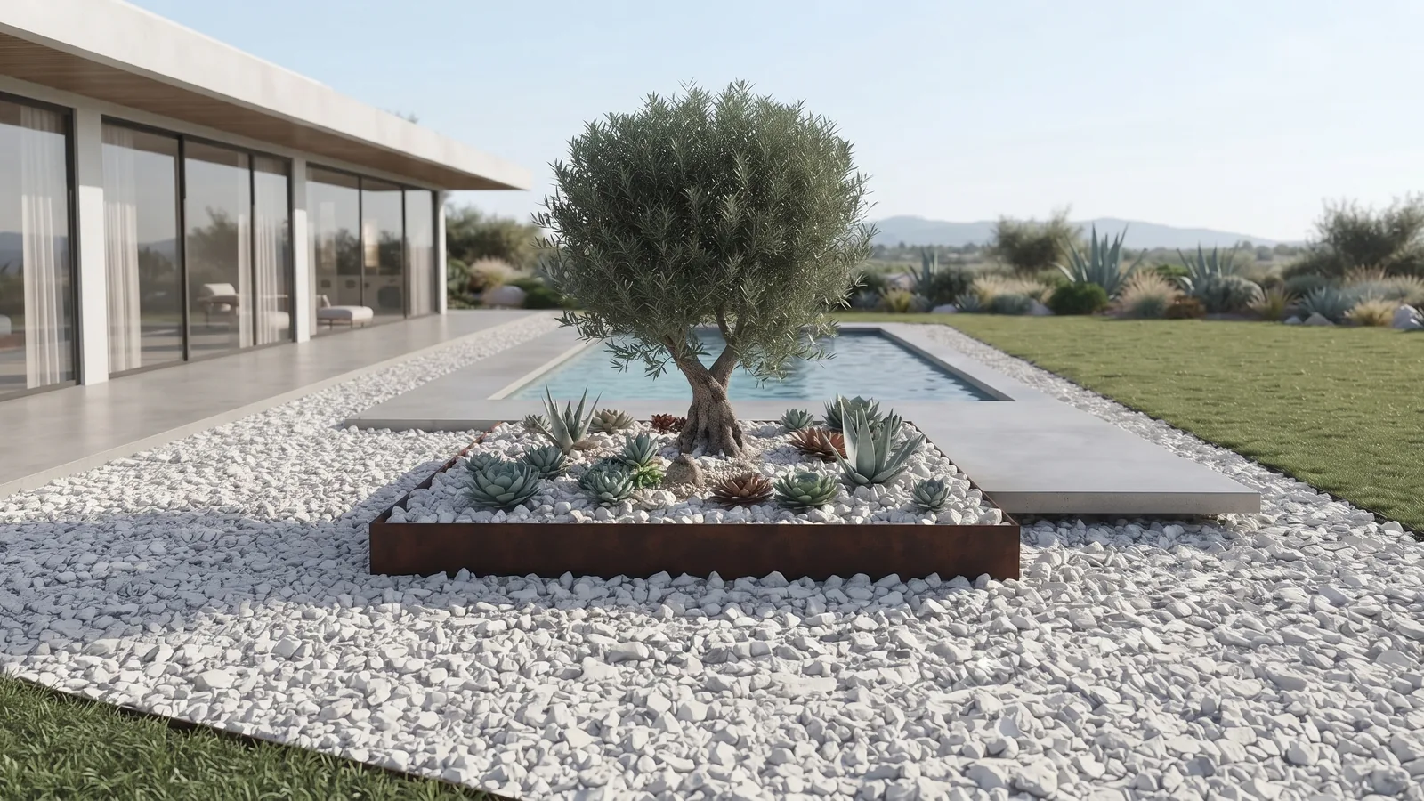 Premium white dolomite crushed stone used in a modern poolside landscape application